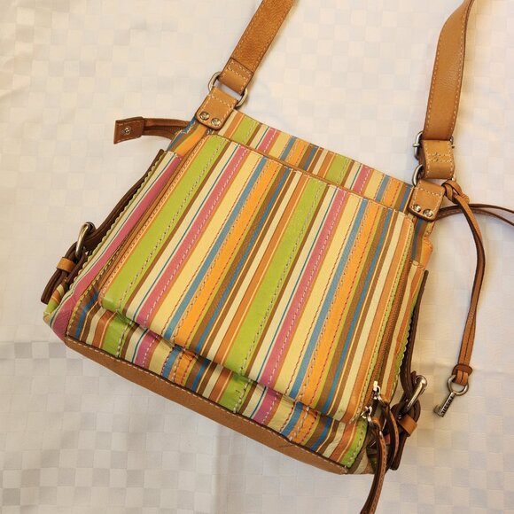 Fossil 100% Leather Beige/ Multicolor Strips Crossbody Bag - Picture 10 of 16